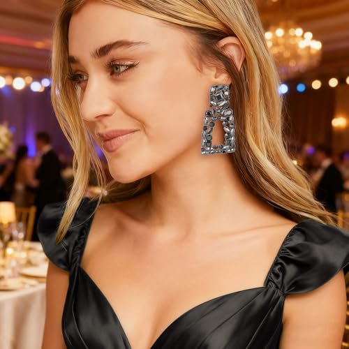 Flyonce Rectangle Clip-on Drop Earrings for Women, Sparkly Rhinestone Crystal Geometric Statement Non Pierced Earring Wedding Prom Party Jewelry for Brides Bridesmaid - color: Charcoal Grey