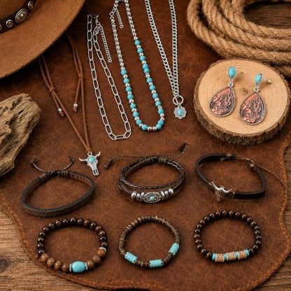 3Pcs Western Turquoise Jewelry Set Necklace Earrings Bracelet | Western Boho Style | Turquoise Beaded | Ox-Head Pendant | Layered Necklace | Faux Leather Cuff | Personalized Gift - color: Color-1