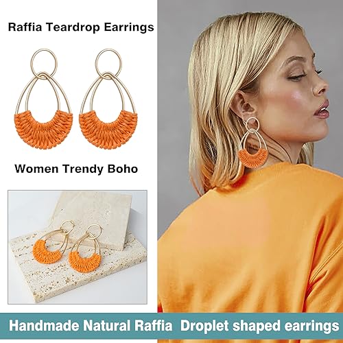 Raffia Hoop Earrings for Women Fun Boho Summer Beach Earrings Lightweight Handmade Straw Wicker Rattan Dangle Earrings Statement Geometric Round Drop Earrings - color: Orange - Teardrop