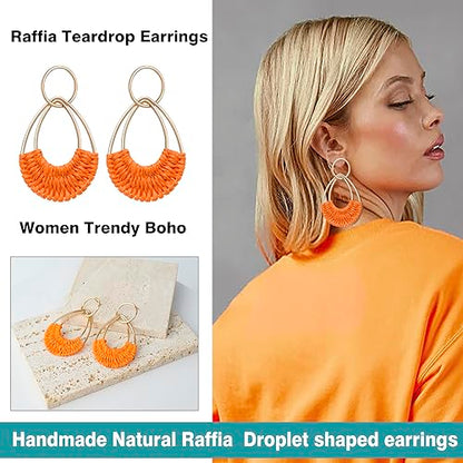 Raffia Hoop Earrings for Women Fun Boho Summer Beach Earrings Lightweight Handmade Straw Wicker Rattan Dangle Earrings Statement Geometric Round Drop Earrings - color: Orange - Teardrop