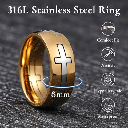 King Will Stainless Steel Men Ring Lord's Prayer Cross Ring Stainless Steel Men Wedding Ring, Wedding Band Bible Engraved Rings High Polished, Comfort Fit | 8mm, Gold/Silver/Black Wedding Band, Bible Engraved Rings, High Polished, Comfort Fit, Size 7-14 -