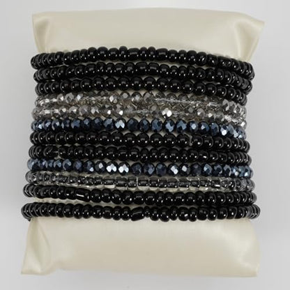 Caiyao 12Pcs Bohemia Multilayer Resin Seed Beaded Stackable Bracelets Colorful Crystal Glass Beads Stretch Bracelet BFF Friendship Elastic Wristbands for Women Men Summer Beach Boho Vacation Jewelry - color: Black
