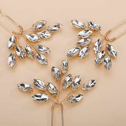 Teyglen 3pcs Bridal Crystal Hair Pins Rhinestones Hair Pieces Simple Crystal Wedding Hair Accessories Handmade Hair Pins for Women Bride Girls (Gold) - color: Gold