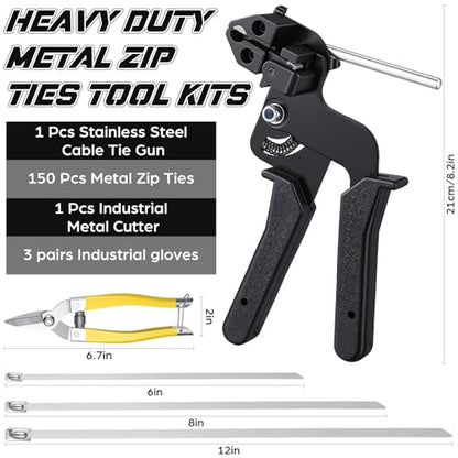 155 Pack Stainless Steel Cable Tie Gun Kit, 150 Pcs 6/8/11.8 Inch Metal Zip Ties (50 of Each), Adjustable Fastening and Cutting Tools for Fence, Chain Link Fence, Pipe, Industrial Use - size: 6/8/11.8 Inch