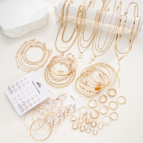 17 MILE 78 Pieces Gold Jewelry Set for Women, 9 Necklace, 24 Bracelet, 22 Earrings, 23 Knuckle Rings Gold Plated Jewerly set for Women Gift - color: gold Jewelry-stackable