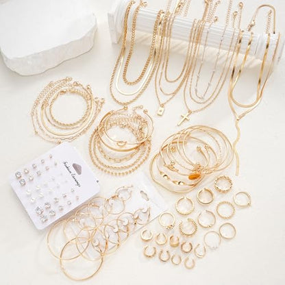 17 MILE 78 Pieces Gold Jewelry Set for Women, 9 Necklace, 24 Bracelet, 22 Earrings, 23 Knuckle Rings Gold Plated Jewerly set for Women Gift - color: gold Jewelry-stackable