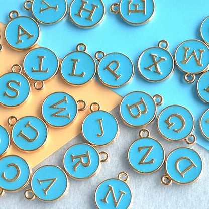 A-Z Letter Charms Round Enamel Alphabet Initial Pendant for Jewelry Making,Double-Side for Necklace Bracelet Earring DIY Craft - color: 1 set(26pcs)-Blue