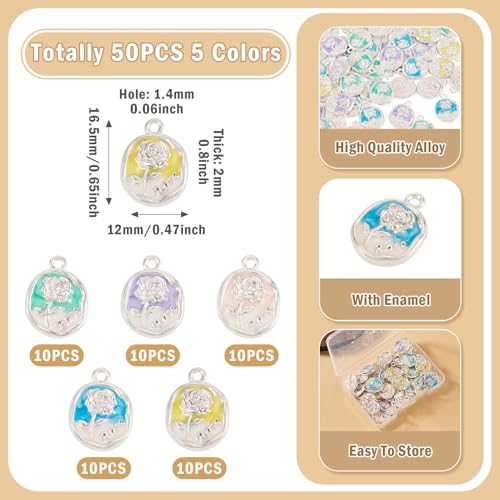 50Pcs Alloy Enamel Rose Flower Charms Platinum Plated Rose Charms for Jewelry Making, 16.5x12mm Drop Oil Floral Pendant for DIY Necklace Earring Bracelet Craft Supplies - color: Platinum, Oval Flower