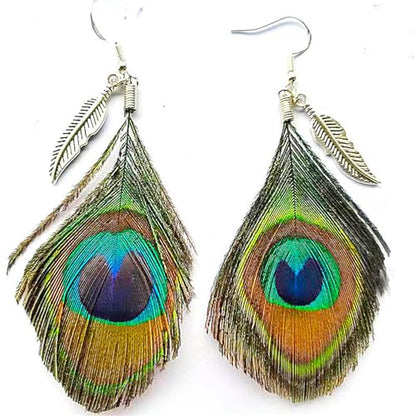 Peacock Feather Earrings for Women Native Handmade Lightweight Long Peacock Feather Boho Hook Earring Prom Party Festival Jewelry - color: Silver Leaf