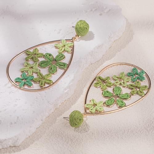 Boho Raffia Flower Teardrop Earrings Cute Colorful Dangle Trendy Jewelry | Floral Drop Statement Big Dangling Earring Hypoallergenic Gold Fun Unique Summer Spring Beach Vacation Outfits for Women - color: Green