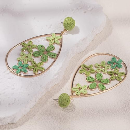 Boho Raffia Flower Teardrop Earrings Cute Colorful Dangle Trendy Jewelry | Floral Drop Statement Big Dangling Earring Hypoallergenic Gold Fun Unique Summer Spring Beach Vacation Outfits for Women - color: Green