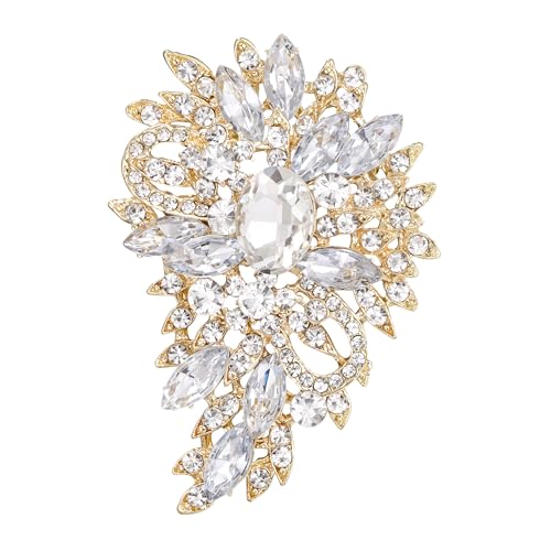 EVER FAITH Women's Austrian Crystal Wedding Flower Leaf Bouquet Brooch - color: Clear Gold-Plated-Base