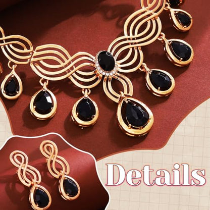 JEAIRTS Black Crystal Necklace Set 4Pcs Statement Jewelry Sets for Women | Black and Gold Formal Necklace Earrings Ring Bracelet Sets