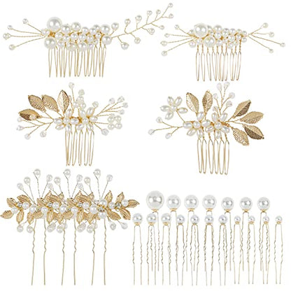 Cinaci 25 Pack Sparkly Glitter Gold Rhinestone Pearl Leaf Flower Metal Wedding Bride Bridal Metal Hair Side Combs+U-shaped Hair Pins Clips Barrettes Slide Combs Headpieces Wedding Accessories for Women Girls