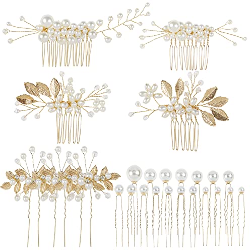 Cinaci 25 Pack Sparkly Glitter Gold Rhinestone Pearl Leaf Flower Metal Wedding Bride Bridal Metal Hair Side Combs+U-shaped Hair Pins Clips Barrettes Slide Combs Headpieces Wedding Accessories for Women Girls