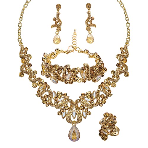 Jewelry Set for Women, Statement Necklace Dangle Earrings Bracelet Ring, White/KC Gold Plated Jewelry Set with Rhinestone Pearl Crystal Wedding Party Jewelry for Bridal Bridesmaid - color: Set001-Style2-Champagne-Gold Plated