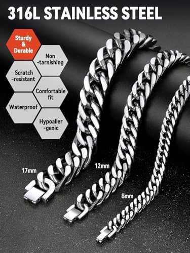 FaithHeart Mens Stainless Steel Cuban Link Bracelet, Tarnish Resistant | 6/8/12/17mm Silver/Black/Gold Sturdy Hip Hop Wrist Chain Bracelets Daily Wear with Gift Box, 7.5"/8.3"/9.1" Length - color: A. Silver-8mm Width, size: Length 7.5 Inches