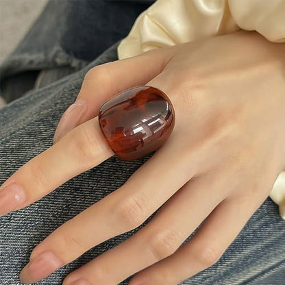Chunky Amber Tortoiseshell Resin Ring for Women Wide Band Statement Ring for Daily Wear Casual Outfits