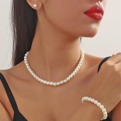 CSIYANJRY99 Pearl Necklace and Earring Set Faux Pearl Jewelry Sets for Women Imitation Beaded Pearl Necklace Bracelet Stud Earrings for Women - color: White Pearl