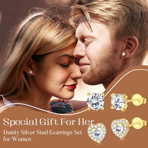 SAILIMUE Hypoallergenic Sterling Silver Stud Earrings for Women Men | Brilliant Heart Knot Round Cubic Zirconia Earring Studs for Sensitive Ears Gold Silver Tone - color: gold-A