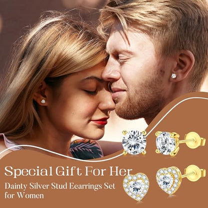 SAILIMUE Hypoallergenic Sterling Silver Stud Earrings for Women Men | Brilliant Heart Knot Round Cubic Zirconia Earring Studs for Sensitive Ears Gold Silver Tone - color: gold-A