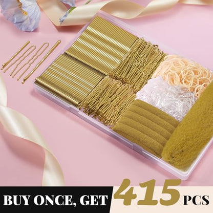 IKOCO 415pcs Bobby Pins Set, U Pins with Hair Ties and Hair Net, Gold | Strong Hold, Snag-Free, No Damage, Smooth Edges, Dance Competition & Ballet Ready, Ideal for Updos, Bun & Daily Styling - color: Gold