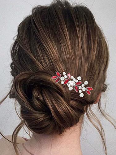 Catery Rhinestone Bride Wedding Hair Comb Red Crystal Side Comb Bridal Hair Piece Clips Headpiece Bridesmaid Hair Accessories for Women and Girls - color: Red