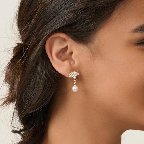 Pearl Earrings - 14K Gold/White Gold/Rose Gold Plated Cubic Zirconia CZ Diaomond Accented Pearl Drop Dangle Earrings for Women Wedding Bridal Prom - color: Fan drop