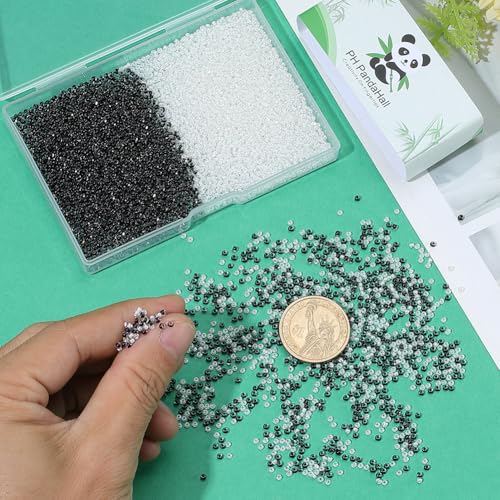 PH PandaHall 7000PCS Glass Seed Beads 2 Colors 10/0 Round Mini Spacer Beads 2.3mm Half Plated Color Lined Seed Bead Transparent White Black Pony Bead for Friendship Bracelet Jewelry Making Necklaces