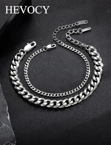 Silver Bracelet Set for Men, Figaro and Cable Link Chain | Stainless steel Figaro and cable link bracelets for stacking, daily wear, and gifts - color: Style3-8 inch
