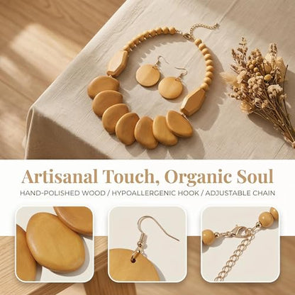 Coiris Chunky Wooden Necklace and Earring Set for Women Boho Statement Jewelry Ethnic Accessories - color: Beige