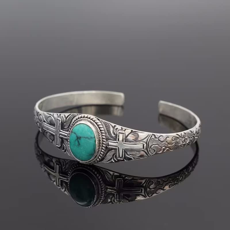 COLORFUL BLING Bohemian Turquoise Engraved Cuff Bracelet Natural Stone Adjustable Wrap Bangle Western Style Gemstone Boho Jewelry for Women - color: Cross