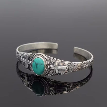 COLORFUL BLING Bohemian Turquoise Engraved Cuff Bracelet Natural Stone Adjustable Wrap Bangle Western Style Gemstone Boho Jewelry for Women - color: Cross