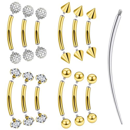 Oufksiyy 18G 16G Internal Thread Eyebrow & Rook Piercing Jewelry Surgical Steel Double Gem Eyebrow Piercings Rings Gold Silver Curved Barbell Eyebrow Ring Vertical Labret Lip Jewelry 6m 8mm 10mm - color: Gold: 16G curved barbell