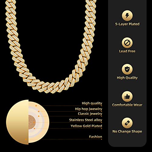 Mens Cuban Link Chain Miami Cuban Necklace 18K Gold Silver Chain For Men Women 14mm Iced Out Hip Hop Jewelry - color: 14K Yellow Gold, size: 16 inches