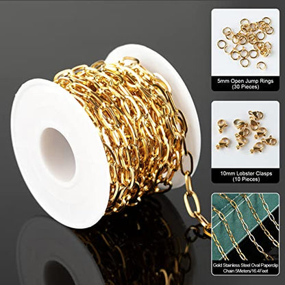 16.4 Feet Gold Plated Link Chain for Jewelry Making Stainless Steel Oval Paperclip Chain Bulk with Jump Rings Lobster Clasps for Jewelry Bracelet Necklace Choker Making Supplies - color: Gold Oval