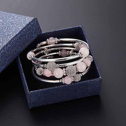 PEARL&CLUB Beaded Chakra Bangle Turquoise Bracelet - Fashion Jewelry Wrap Bracelet with Thick Silver Metal and Mala Beads, Birthday Gifts For Women - color: Pink crystal