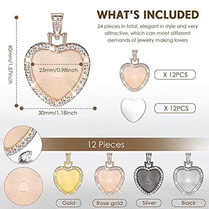 Hicarer 24 Piece Rhinestone Bezel Pendant Tray Set, Include 12 Pcs Heart Shaped Pendant Tray Colorful Blank Charm with 12 Pcs Clear Cabochon for DIY Jewelry Craft(Gold, Silver, Rose Gold, Black)