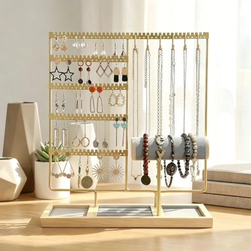 Jewelry Organizer Earring Holder Organizer,6 Tier Jewelry Holder Bracelet Holder Necklace Holder with 6 Hooks,Jewelry Stand for Bracelet, Necklaces, Earrings, Rings, Watches,Gold