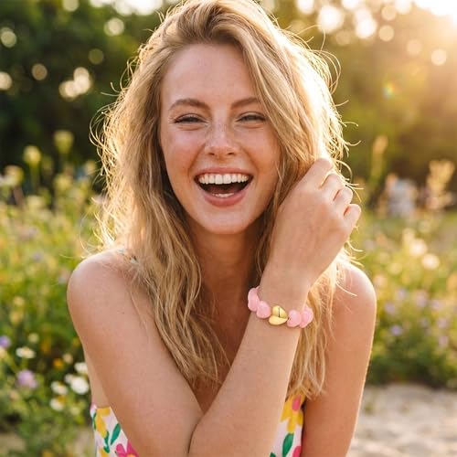 WOWORAMA Chunky Beaded Bracelets for Women Colorful Large Square Beads Bracelet Boho Acrylic Resin Stretch Bracelets Statement Chunky Bracelet Summer Jewelry - color: Heart-Pink