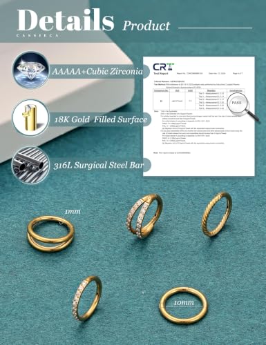 CASSIECA 5Pcs 18G 16G Surgical Steel Nose Rings Hoop for Women CZ Clicker Hinged Septum Ring Lip Helix Cartilage Double Hoop Earring Daith Rook Conch Body Piercing Jewelry for Women 8mm 10mm - style: Gold: 18G-10mm-X