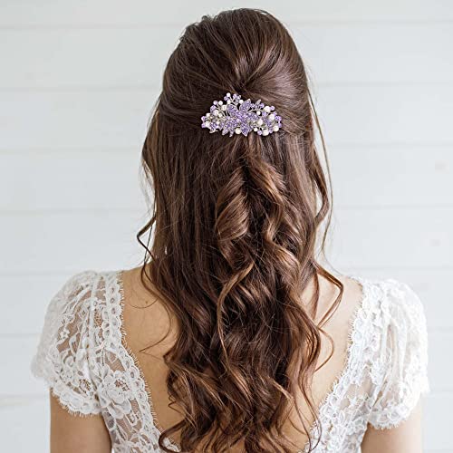 EVER FAITH Austrian Crystal Bridal Hibiscus Flower Leaf Cream Simulated Pearl Hair Clip Barrette Purple Silver-Tone - color: Purple Silver-Tone