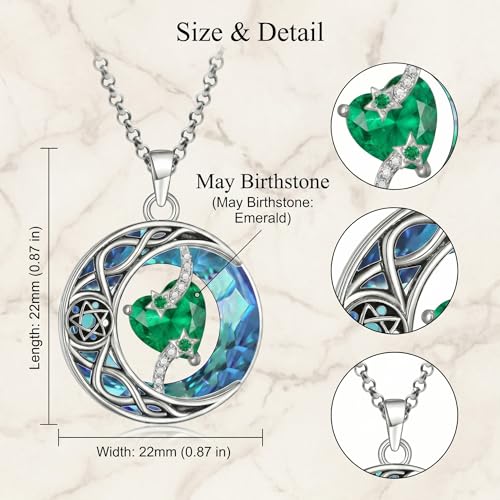 ONEFINITY Moon Star Necklace 18K White Gold Plated Celtic Moon Birthstone Pendant Necklaces Heart Birthstone Anniversary Birthday Jewelry Gifts for Women Wife Mom - style: May