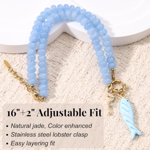 SAMYA Gemstone Beaded Necklace for Women | Ocean Charm Necklace with 8x4mm Natural Dyed Jade Beads, Adjustable 16"+2" Beach Necklace for Women - color: Aquamarine color