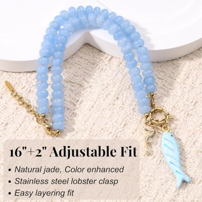 SAMYA Gemstone Beaded Necklace for Women | Ocean Charm Necklace with 8x4mm Natural Dyed Jade Beads, Adjustable 16"+2" Beach Necklace for Women - color: Aquamarine color