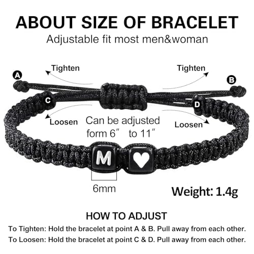 Valentines Day Gifts for Him Her Heart Love Letter Initial Matching Couple Bracelets for Women Men Teen Gifts Best Friend Graduation Birthday Gifts A-Z Braided Bracelet Son Daughter Dad Jewelry - color: Black-M