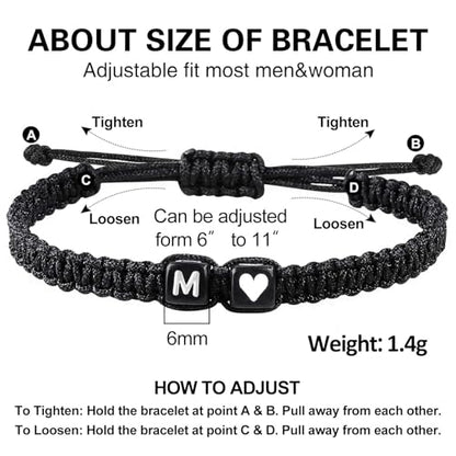 Valentines Day Gifts for Him Her Heart Love Letter Initial Matching Couple Bracelets for Women Men Teen Gifts Best Friend Graduation Birthday Gifts A-Z Braided Bracelet Son Daughter Dad Jewelry - color: Black-M