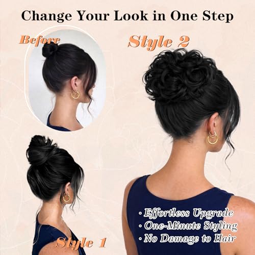 2PCS Messy Bun Hair Pieces Synthetic Hairpieces For Women | Messy Bun and Donut Bun in one set for natural-looking volume and elegant updos for every occasion. - color: Brown Mixed Honey Blonde