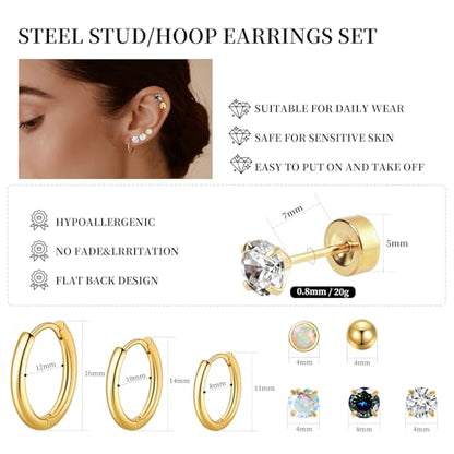 Surgical Steel Earrings for Sensitive Ears Hypoallergenic 20G Stainless Steel Stud Hoop Earrings for Women Men Small Opal Ball CZ Surgical Steel Flat Back Earrings Cartilage Earrings Hoop Stud - color: Gold
