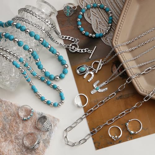IFKM Bohemian Jewelry Set With Turquoise Necklace, Dangle Earrings, Stackable Bangle Bracelets, Knuckle Rings For Women Vintage Western Boho Turquoise Anniversary Birthday Friendship Gift - style: Bohemian style
